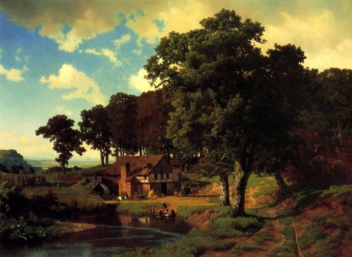 7896006233916 - A RUSTIC MILL 1855 FARM WOMEN WASHING CLOTHES BY ALBERT BIERSTADT 16 X 22 IMAGE SIZE REPRO ON CANVAS