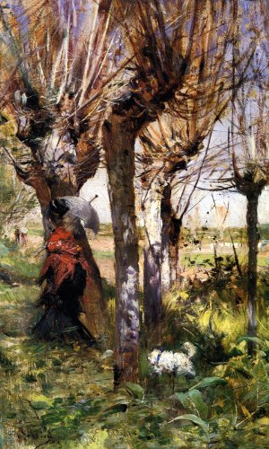 7896006237839 - LADY IN THE WOODS WITH UMBRELLA AND DOG BY BOLDINI REPRO ON CANVAS REPRO