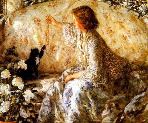 7896006239697 - HYDRANGEAS WOMAN CAT PEARL NECKLACE BY PHILIP STEER ON IMAGE SIZE 16 X 20 ON CANVAS REPRO