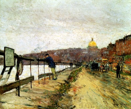7896006245841 - CHARLES RIVER AND BEACON HILL 1892 BOSTON AMERICAN IMPRESSIONISM PAINTING BY CHILDE HASSAM 16 X 20 IMAGE SIZE ON CANVAS REPRO