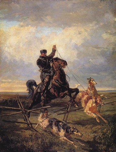 7896006251330 - HUNTSMAN WITH THREE BORZOIS 1872 WOLFHOUNDS DOGS HORSE RUSSIAN PAINTING BY RUDOLF VON FRENTZ LARGE REPRO ON CANVAS