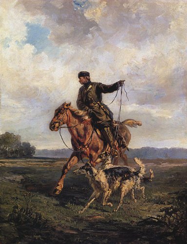 7896006251361 - HUNTSMAN WITH TWO BORZOIS 1872 WOLFHOUNDS DOGS HORSE RUSSIAN PAINTING BY RUDOLF VON FRENTZ LARGE REPRO ON CANVAS