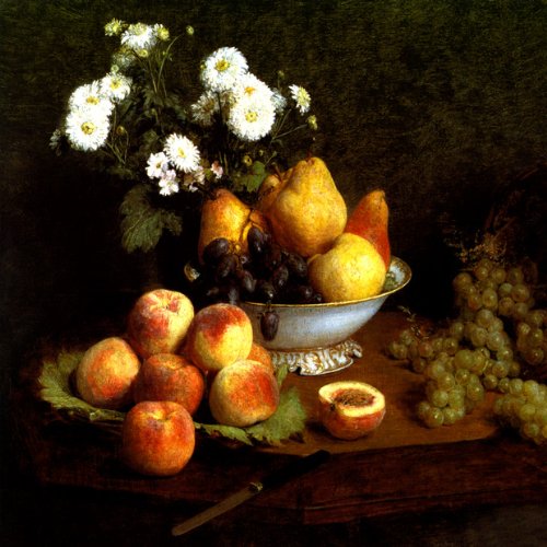 7896006254850 - DOUBLE CHRYSANTHEMUMS AND FRUITS ON A TABLE 1865 FLOWER STILL LIFE PAINTING BY HENRI FANTIN LATOUR LARGE REPRO ON CANVAS