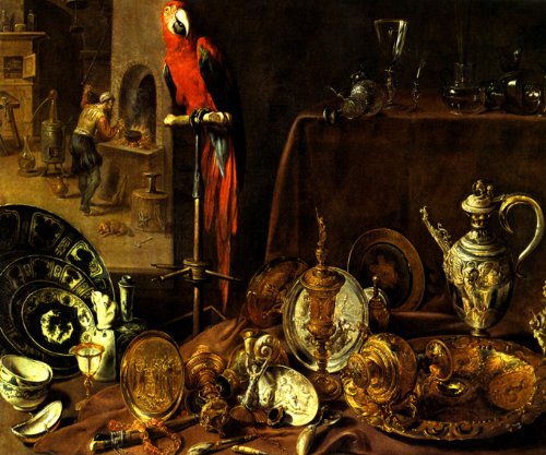 7896006255130 - STILL LIFE WITH PARROT THE SILVERSMITH 1636 SILVERWARE PAINTING BY ADRIAEN VAN UTRECHT ON CANVAS REPRO