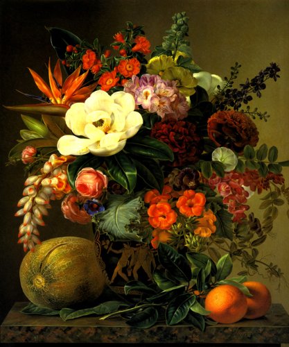 7896006255352 - MAGNOLIAS AND OTHER FLOWERS IN AN ANTIQUE VASE 1834 FRUIT STILL LIFE PAINTING BY JOHAN LAURENTZ JENSEN 16 X 20 IMAGE SIZE ON CANVAS REPRO