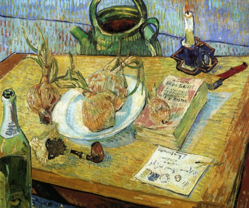 7896006255611 - STILL LIFE WITH DRAWING BOARD 1889 SMOKING PIPE ONIONS BOOK LETTER PAINTING BY VINCENT VAN GOGH ON CANVAS REPRO