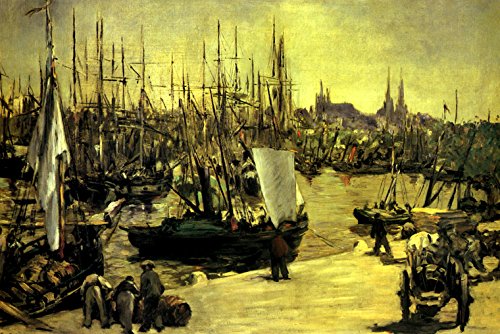 7896006257219 - THE HARBOR OF BORDEAUX FRANCE WORKERS LOADING WINE BARRELS BOATS 1871 PAINTING BY MANET 16 X 24 IMAGE SIZE ON CANVAS REPRO