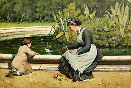 7896006258100 - THE GAME AT VILLA TASCA CHILD PLAY PAPER BOAT NANNY PAINTING BY ANTONINO LETO ON CANVAS REPRO