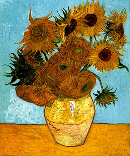 7896006265054 - SUNFLOWERS IN A VASE WITH BLUE BACKGROUND 1888 IMPRESSIONIST PAINTING BY VINCENT VAN GOGH 16 X 20 IMAGE SIZE ON CANVAS REPRO
