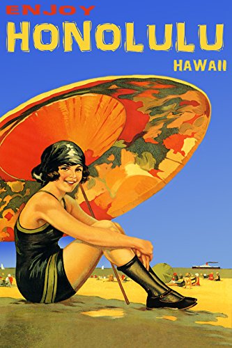 7896006299479 - ENJOY HONOLULU HAWAII BEACH GIRL UNDER UMBRELLA SUN BLUE SKY USA TOURISM 16 X 24 MATTE PAPER VINTAGE POSTER REPRO WE HAVE OTHER SIZES