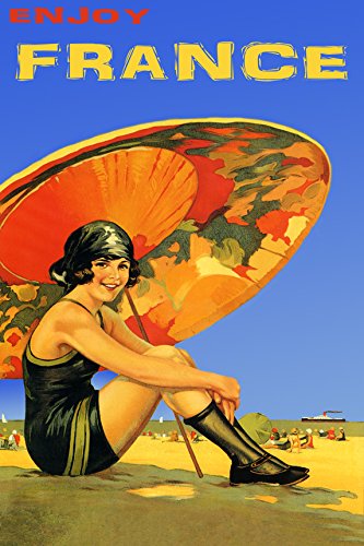7896006299677 - ENJOY FRANCE BEACHES GIRL ON THE BEACH UNDER UMBRELLA SUN BLUE SKY EUROPEAN TOURISM 12 X 16 ON CANVAS VINTAGE POSTER REPRO WE HAVE OTHER SIZES