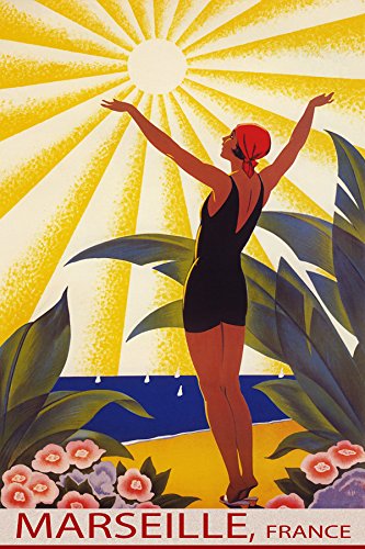 7896006400080 - SUNSHINE MARSEILLE FRANCE BEACH GIRL WELCOMING THE SUN SAILING TRAVEL 20 X 30 VINTAGE POSTER ON CANVAS REPRO WE HAVE OTHER SIZES