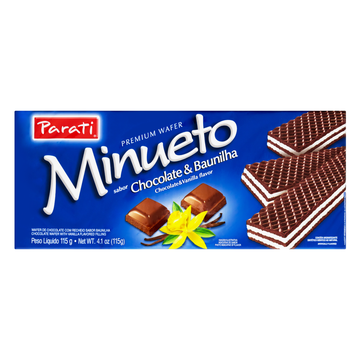 7896011103761 - BISCOITO WAFER CHOCOLATE RECHEIO BAUNILHA MINUETO PACOTE 115G