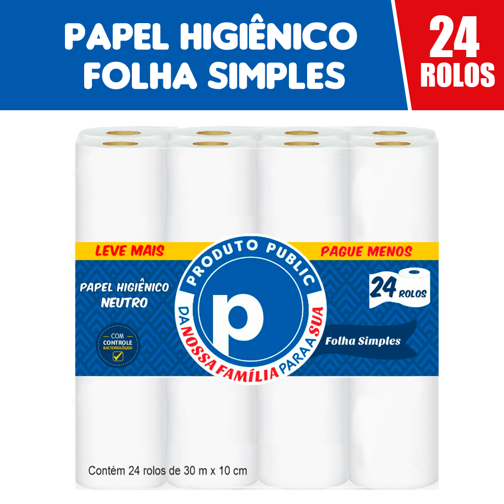 7896026801003 - PAPEL HIGIENICO FOLHA SIMPLES 24 ROLOS 30M PUBLIC