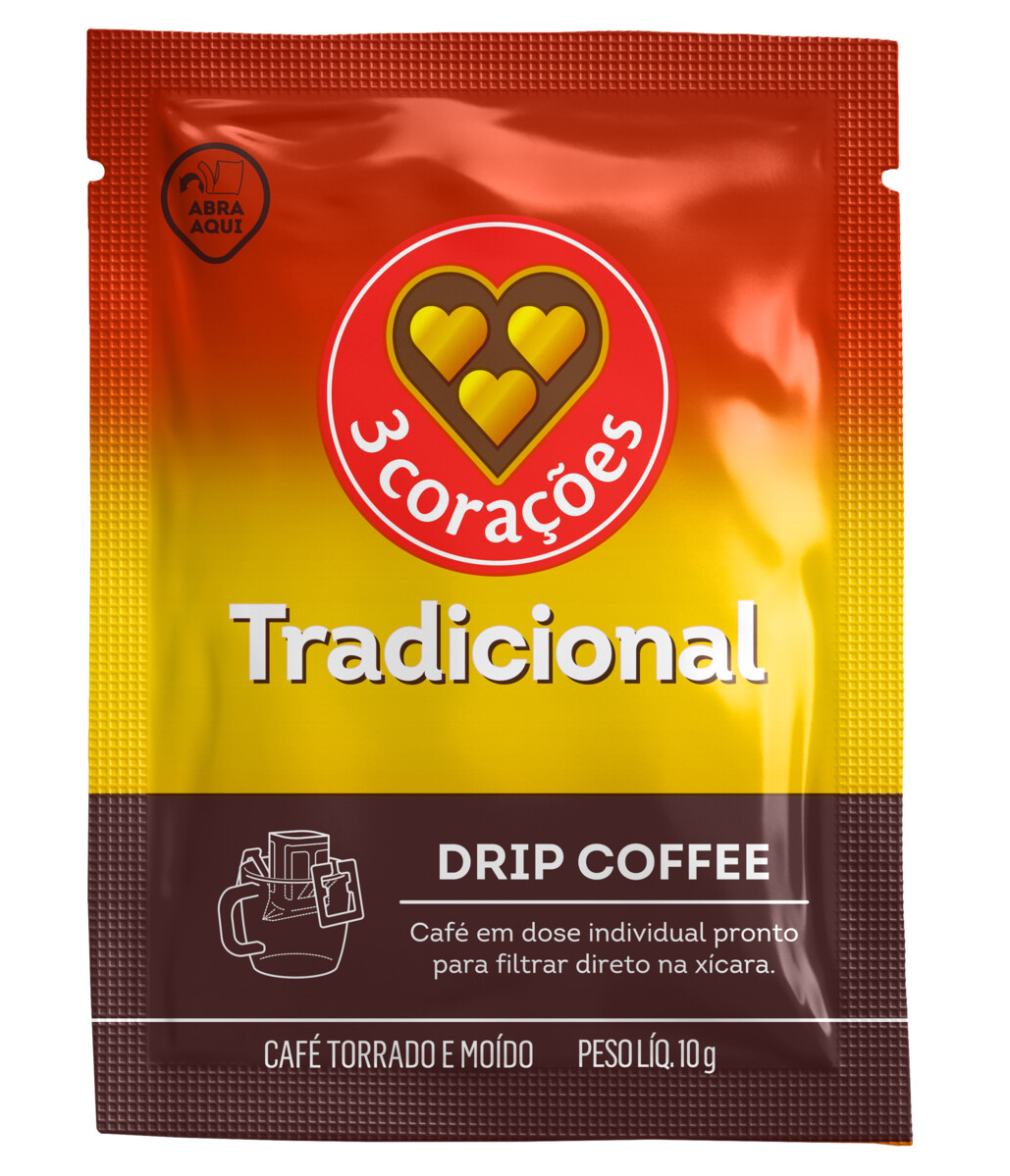 7896045108824 - CAFÉ EM SACHÊ TORRADO E MOÍDO DRIP COFFEE TRADICIONAL 3 CORAÇÕES 10G