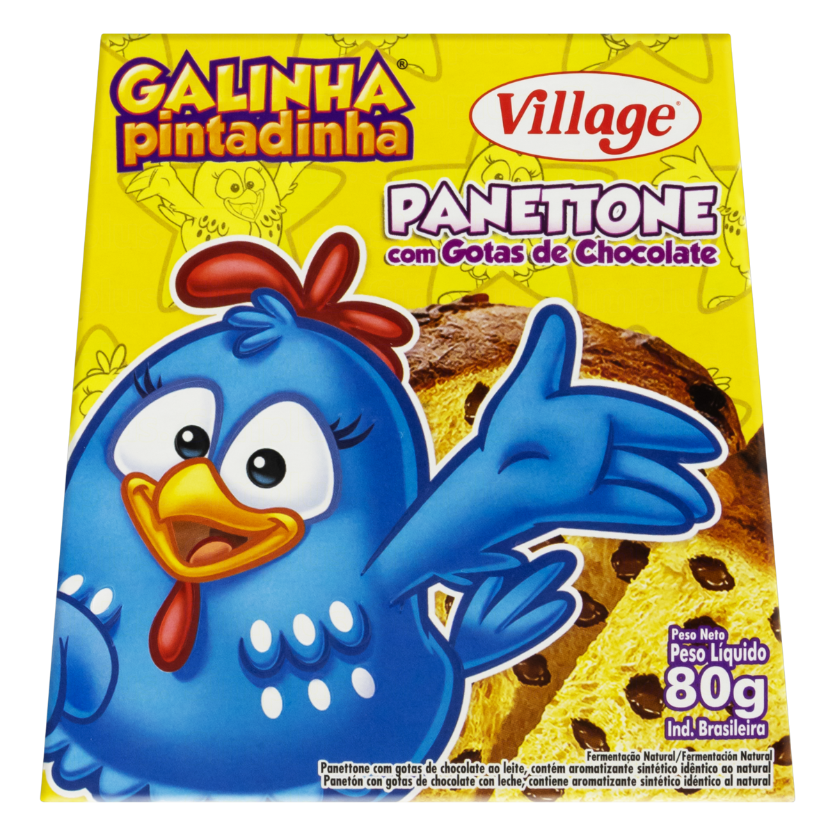 7896050427231 - PANETTONE COM GOTAS DE CHOCOLATE GALINHA PINTADINHA VILLAGE CAIXA 80G