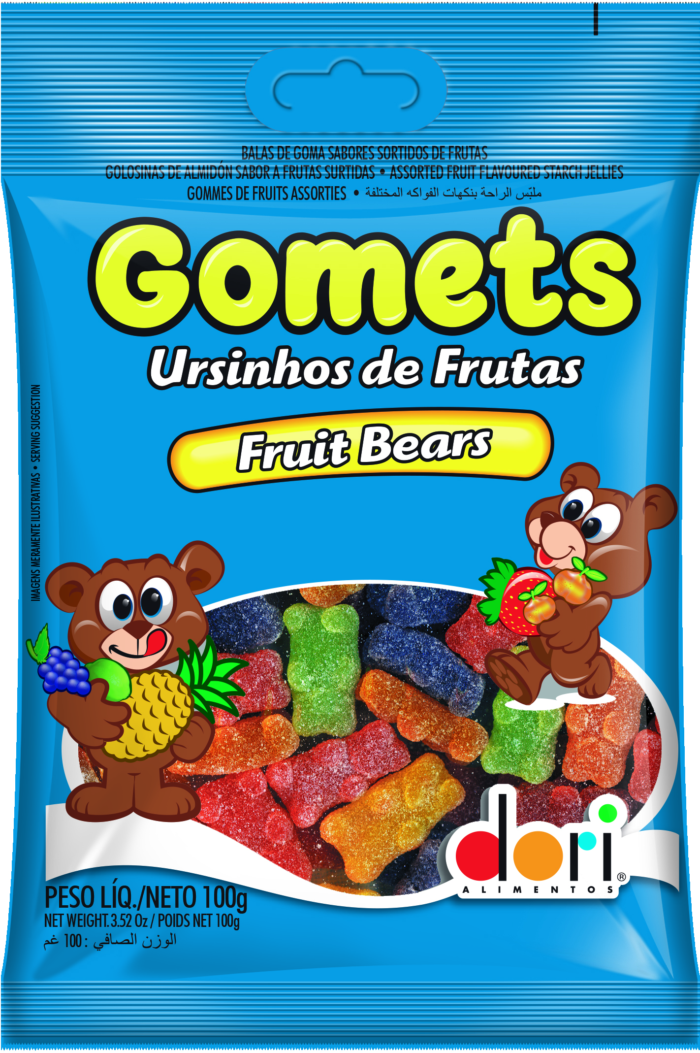 7896058505429 - BALA DE GOMA FRUTAS SORTIDAS FRUIT BEARS DORI GOMETS PACOTE 100G