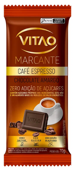 7896063285187 - CHOCOLATE AMARGO 63% CACAU CAFÉ ESPRESSO ZERO LACTOSE VITAO MARCANTE PACOTE 70G