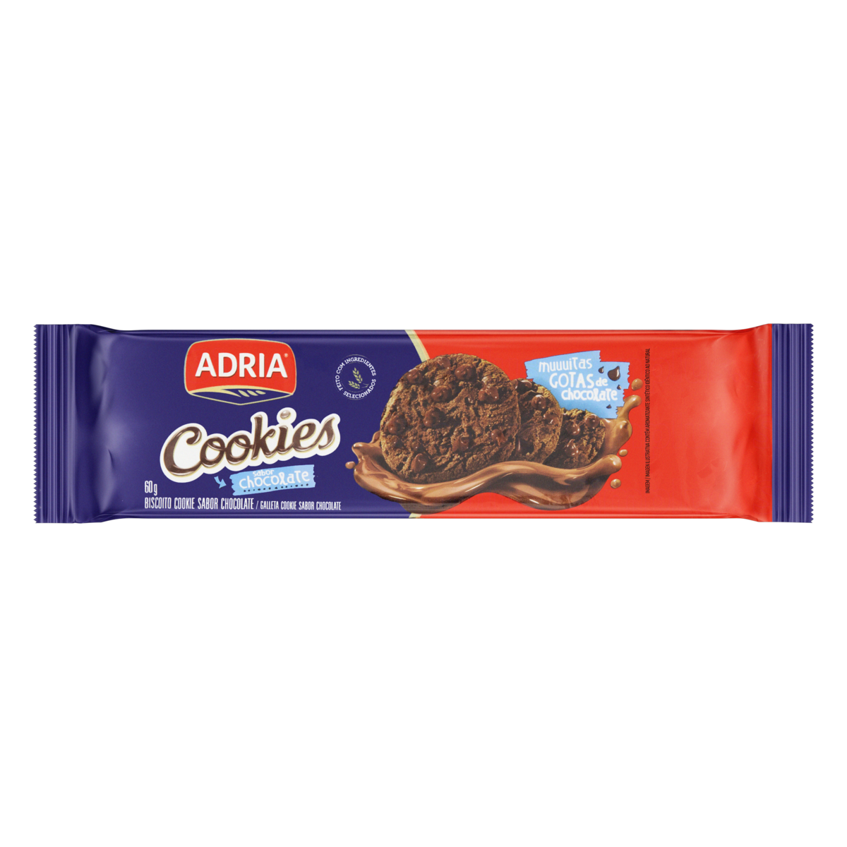 7896085076251 - BISCOITO COOKIE CHOCOLATE COM GOTAS DE CHOCOLATE ADRIA PACOTE 60G