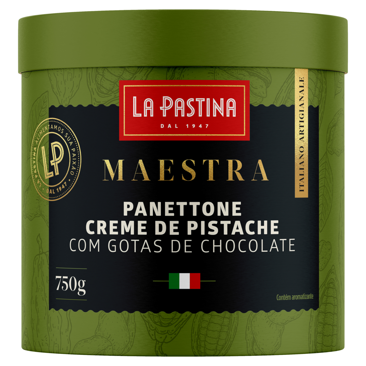 7896196071732 - PANETTONE COM GOTAS DE CHOCOLATE CREME DE PISTACHE LA PASTINA MAESTRA LATA 750G