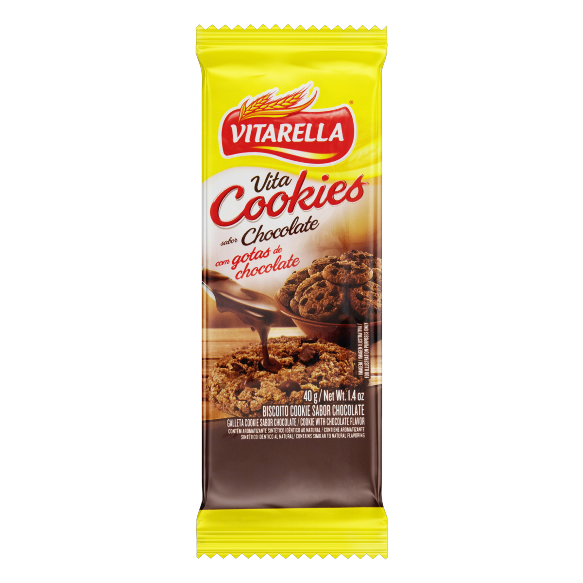 7896213004019 - BISCOITO COOKIE CHOCOLATE COM GOTAS DE CHOCOLATE VITARELLA PACOTE 40G