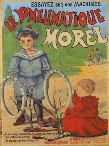 7896241200636 - CANVAS BICYCLE CYCLES BOY AND BABY GIRL FIXING BIKE PNEUMATIQUE MOREL FRENCH FRANCE 12 X 16 IMAGE SIZE POSTER REPRODUCTION ON CANVAS. MORE SIZES AVAILABLE!!