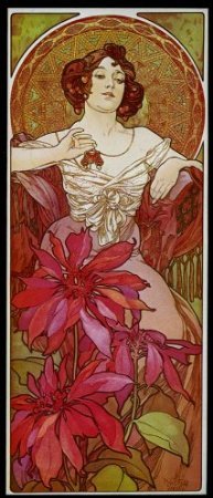 7896241230015 - CANVAS FASHION GIRL RUBY STONE FLOWERS 1900 BY ALPHONSE MUCHA 14 X 30 INCHES IMAGE SIZE POSTER REPRODUCTION ON CANVAS. MORE SIZES AVAILABLE!!