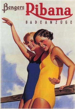 7896241233443 - CANVAS RIBANA BADEANZUGE FASHION GIRLS ON THE BEACH POOL 11 X 16 INCHES IMAGE SIZE POSTER REPRODUCTION ON CANVAS. MORE SIZES AVAILABLE!!