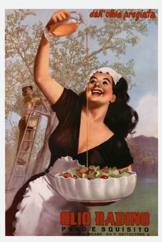 7896241248669 - CANVAS ITALIAN GIRL OLIVE OIL TREE RADINO MILAN ITALY SALAD KITCHEN RESTAURANT ART FOOD 16 X 22 INCHES IMAGE SIZE POSTER REPRODUCTION ON CANVAS. MORE SIZES AVAILABLE!!