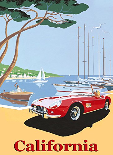 7896241369449 - BLOND GIRL FERRARI CONVERTIBLE RED CAR CALIFORNIA BEACH SAILBOAT PORT TRAVEL TOURISM VINTAGE POSTER REPRO 12 X 16 IMAGE SIZE. WE HAVE OTHER SIZES AVAILABLE!