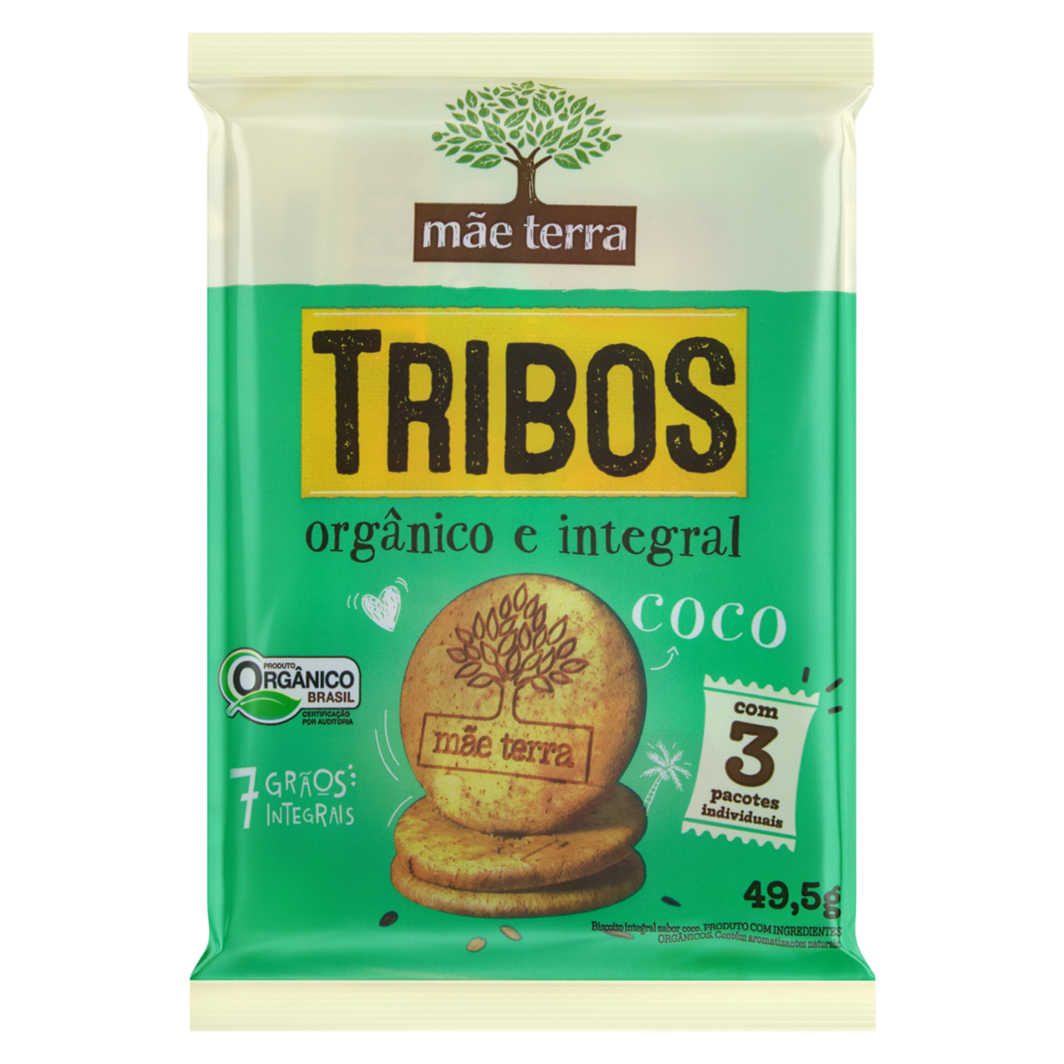 7896496917785 - PACK BISCOITO INTEGRAL ORGÂNICO COCO MÃE TERRA TRIBOS PACOTE 49,5G 3 UNIDADES