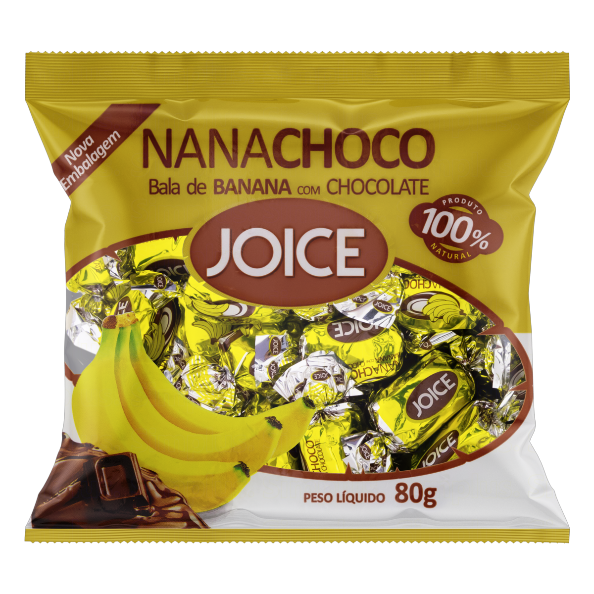 7896814400814 - BALA DE BANANA COM CHOCOLATE JOICE NANACHOCO PACOTE 80G