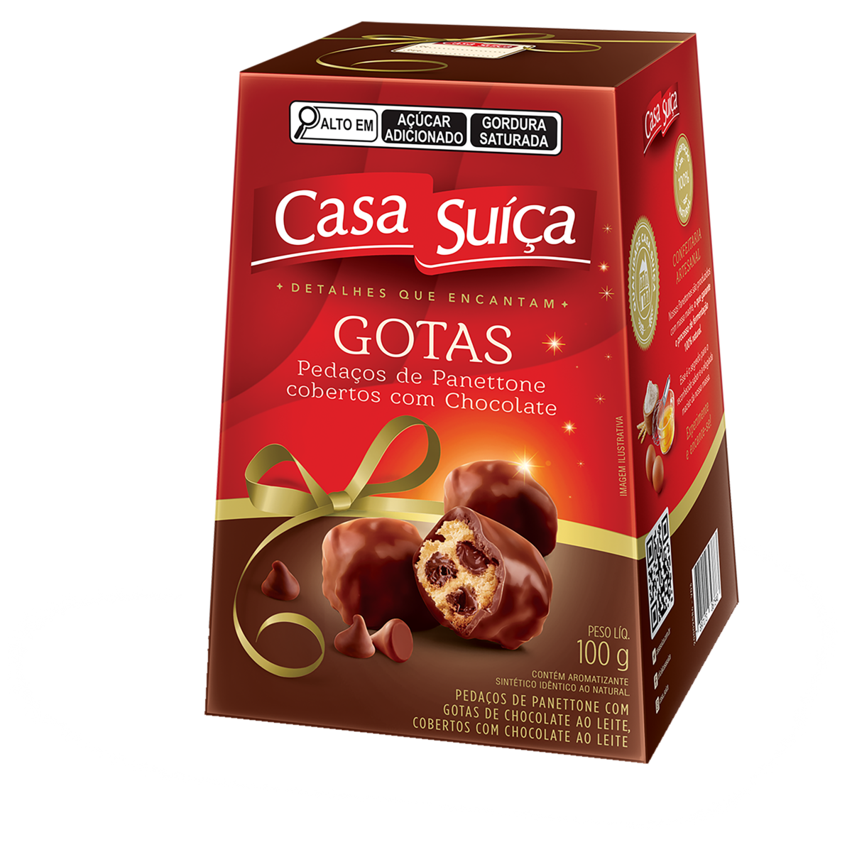 7897173067540 - PEDAÇOS DE PANETTONE COM GOTAS DE CHOCOLATE AO LEITE COBERTURA CHOCOLATE AO LEITE CASA SUÍÇA CAIXA 100G