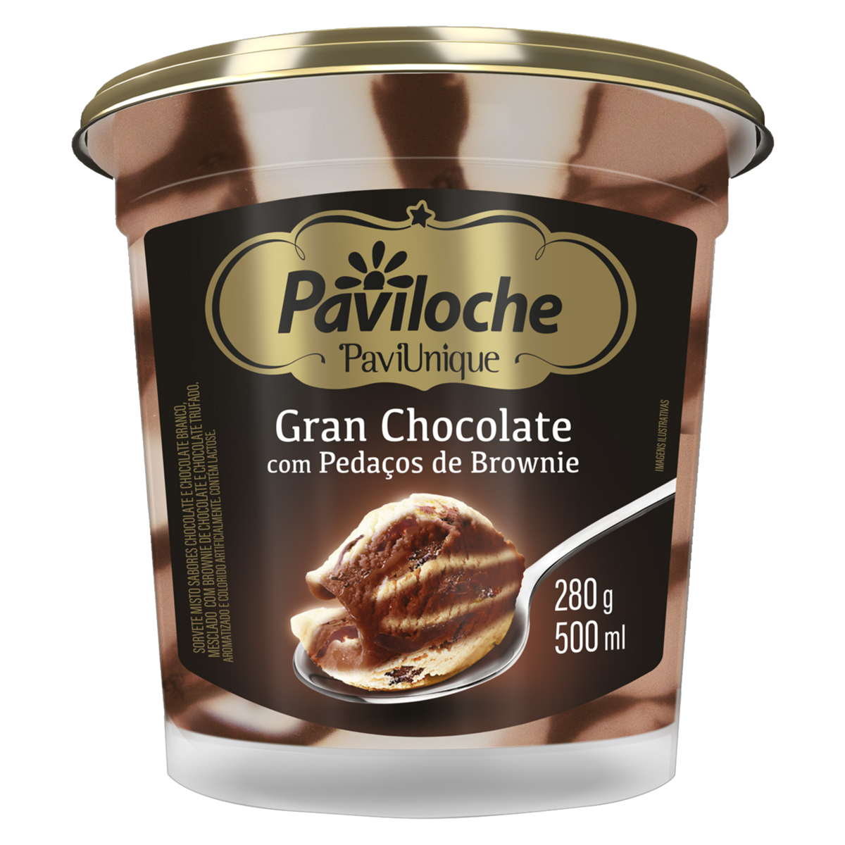 7897763530652 - SORVETE GRAN CHOCOLATE COM PEDAÇOS DE BROWNIE PAVILOCHE PAVIUNIQUE POTE 500ML
