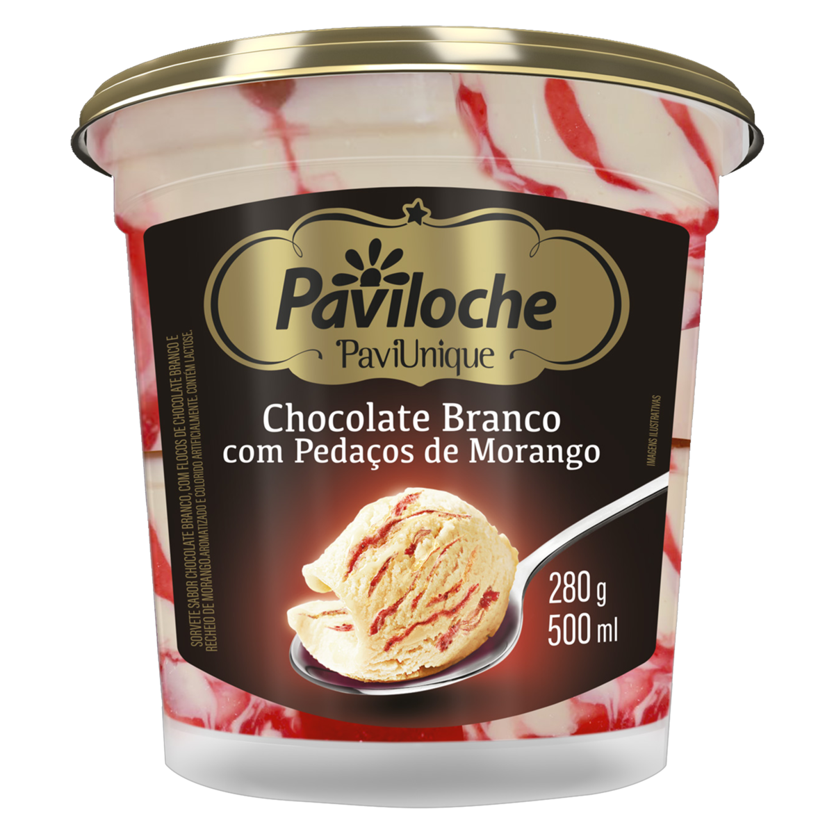 7897763530683 - SORVETE CHOCOLATE BRANCO COM MORANGO PAVILOCHE PAVIUNIQUE POTE 500ML