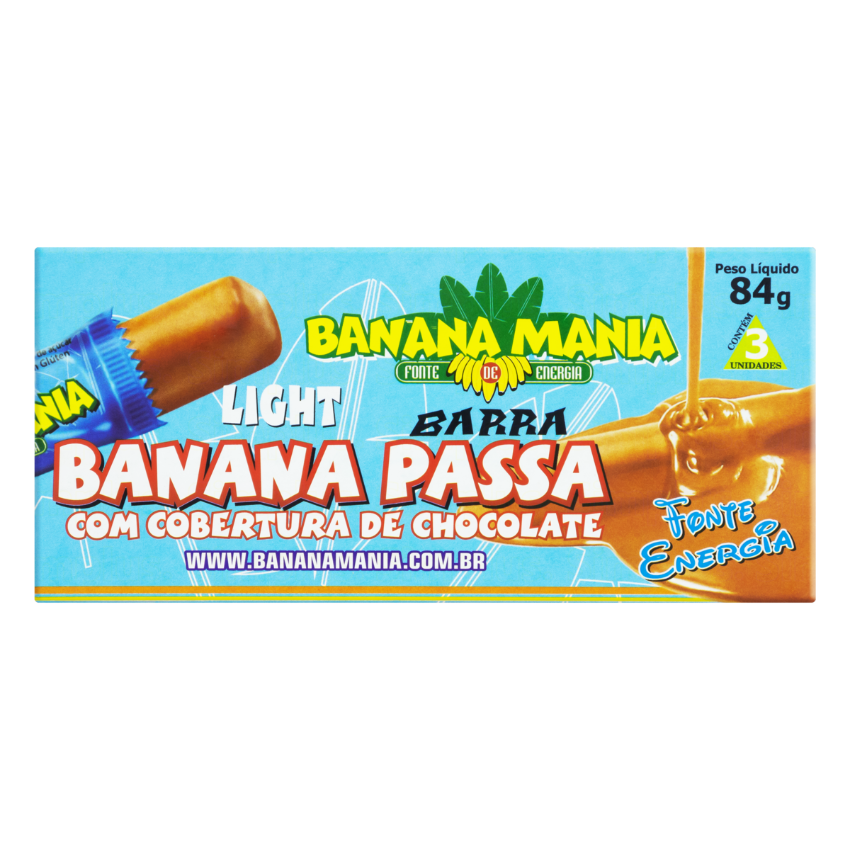 7898104900271 - PACK BARRA DE FRUTAS BANANA-PASSA COBERTURA CHOCOLATE COM LEITE DIET LIGHT BANANA MANIA CAIXA 84G 3 UNIDADES