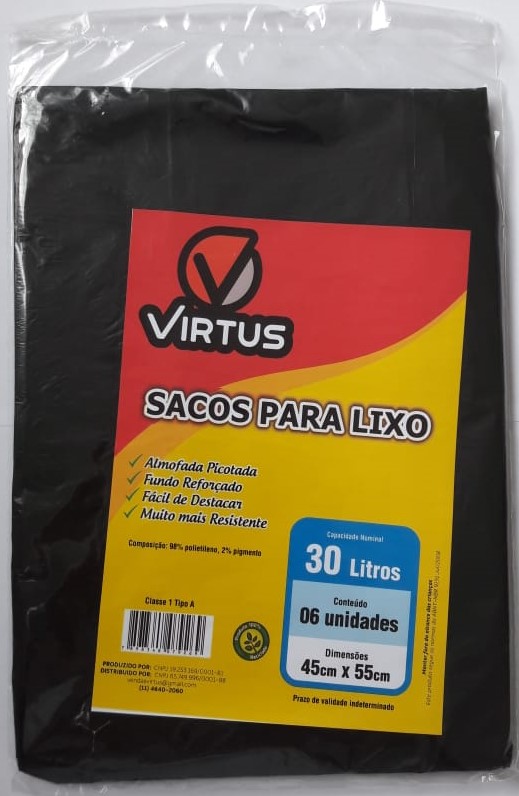 7898348079269 - SACO DE LIXO VIRTUS 30L C/6 PRETO