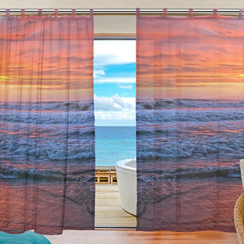7898640534572 - 2 PIECES: INGBAGS BEDROOM DECOR LIVING ROOM DECORATIONS SUNSET BEACH COASTAL PATTERN PRINT TULLE POLYESTER DOOR WINDOW GAUZE / SHEER CURTAIN DRAPE TWO PANELS SET 55X78 INCH E38
