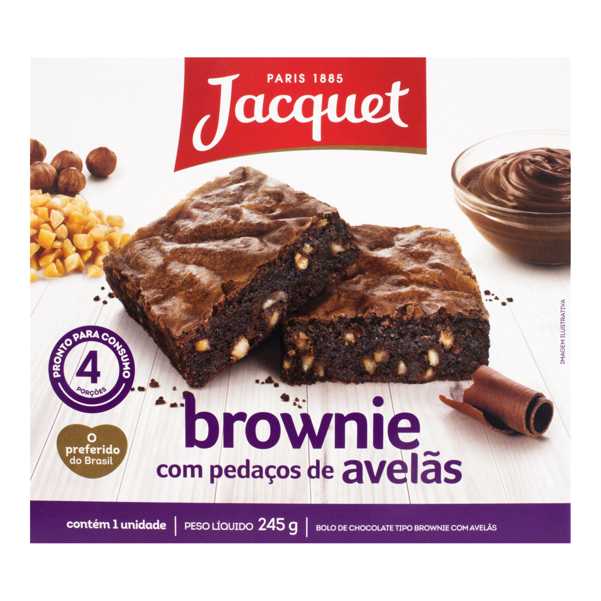7898933879441 - BROWNIE CHOCOLATE COM PEDAÇOS DE AVELÃS JACQUET CAIXA 245G