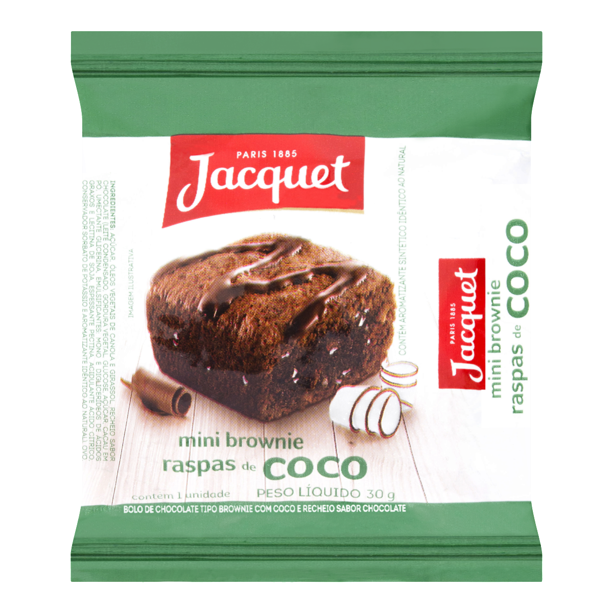 7898933879779 - MINI BROWNIE CHOCOLATE COM RASPAS DE COCO E RECHEIO DE CHOCOLATE JACQUET PACOTE 30G