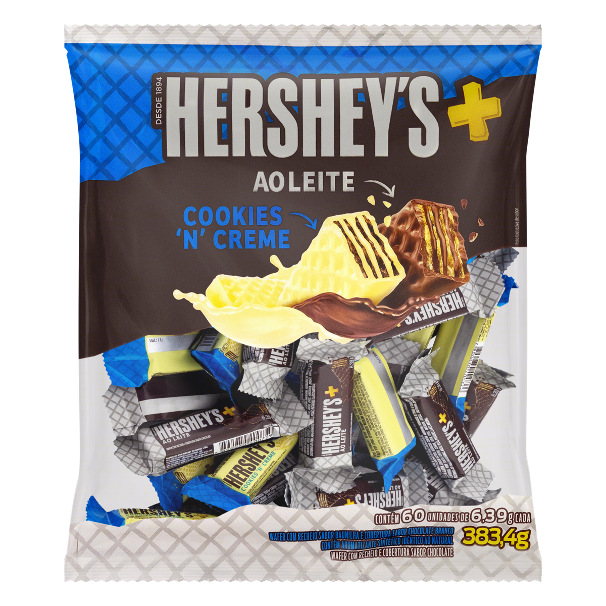 7899970401909 - PACK WAFER COOKIES N CREME + CHOCOLATE AO LEITE HERSHEYS MAIS PACOTE 383,4G 60 UNIDADES