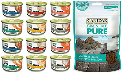 0790566633674 - CANIDAE GRAIN-FREE PURE CANNED CAT FOOD 6 FLAVOR VARIETY BUNDLE (12 CANS TOTAL, 3 OZ EA) PLUS CANIDAE GRAIN-FREE PURE SALMON CAT TREATS (1 BAG, 3 OZ) -- 13 TOTAL ITEMS