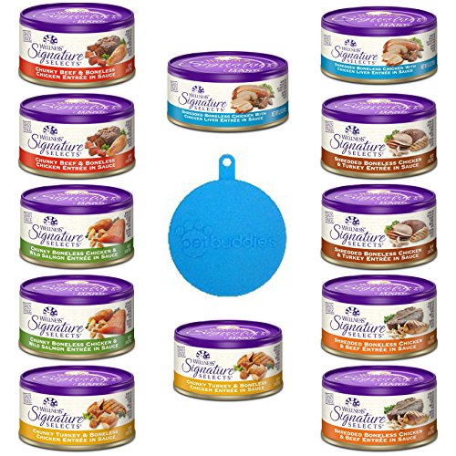 0790566634985 - WELLNESS GRAIN FREE SIGNATURE SELECTS CANNED CAT FOOD (SHREDDED AND CHUNKY) 6 FLAVOR VARIETY BUNDLE (12 CANS TOTAL, 3 OZ EA) PLUS 1 PET BUDDIES SILICONE CAT/DOG FOOD CAN COVER -- 13 ITEMS TOTAL