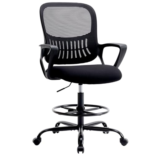 0790943624325 - SWEETCRISPY DRAFTING CHAIR ERGONOMIC TALL COMPUTER OFFICE ROLLING STOOL HIGH ADJUSTABLE ON WHEELS WITH ARMS FOR STANDING DESK BAR COUNTER HEIGHT, THICKER SEAT BACK LUMBAR SUPPORT AND FOOTREST