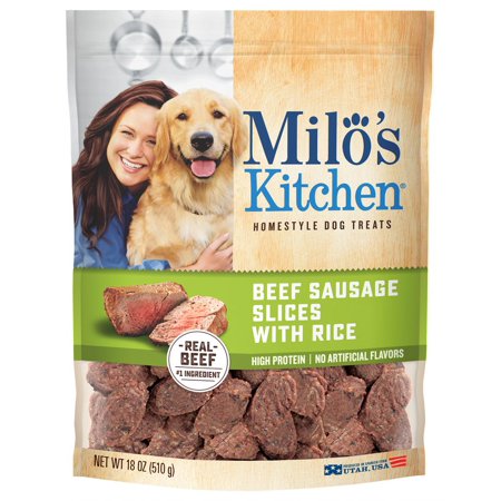 0079100508938 - MILO'S KITCHEN DOG TREATS BEEF SAUSAGE SLICES WITH RICE PACKAGE