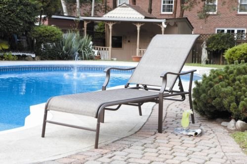 0791043561282 - SUN LOUNGE CHAIR. ADJUSTABLE OUTDOOR PATIO OVERSIZED CHAISE LOUNGER WITH ARM SUPPORTS FOR MAXIMUM COMFORT. BEIGE SLING OUTDOOR LIVING PATIO FURNITURE. PERFECT SUNBATHING CHAIR FOR THE POOLSIDE