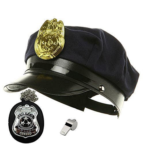 0791082454927 - COSTUME SET NAVY BLUE COP HAT PLASTIC DETECTIVE BADGE AND METAL POLICE WHISTLE