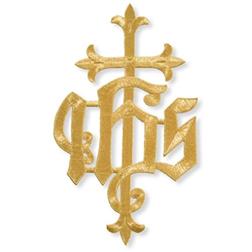 0791154484593 - METALLIC GOLD CROSS WITH IHS 6 INCH EMBROIDERED VESTMENT APPLIQUE
