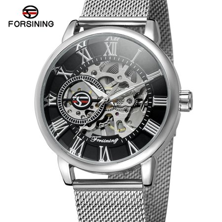 0791316736843 - FORSINING FASHION MEN’S WATCHES SKELETON NOCTILUCENT MECHANICAL MOVEMENT ROMAN NUMERALS WATERPROOF BUSINESS ANALOG DIAL STAINLESS STEEL BAND STRAP WRIST WATCH FOR MEN / SILVER BAND + BLACK DIAL