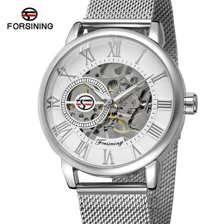 0791320029641 - FORSINING FASHION MEN’S WATCHES SKELETON NOCTILUCENT MECHANICAL MOVEMENT ROMAN NUMERALS WATERPROOF BUSINESS ANALOG DIAL STAINLESS STEEL BAND STRAP WRIST WATCH FOR MEN / SILVER BAND + WHITE DIAL
